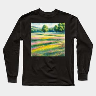 Watercolor Inspired Meadow Scenery Long Sleeve T-Shirt